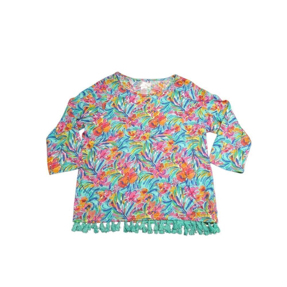 Stella Parker Pink Teal Multi Color Floral 3/4 Sleeve Tassel Hem Blouse Women's